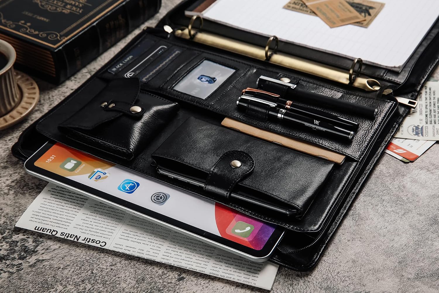 DUKE&COW Leather Portfolio with 3 Ring Binder, Personalized Executive Folio, Engraved Leather Folder, Custom Gift for Men Women (Black, Custom)