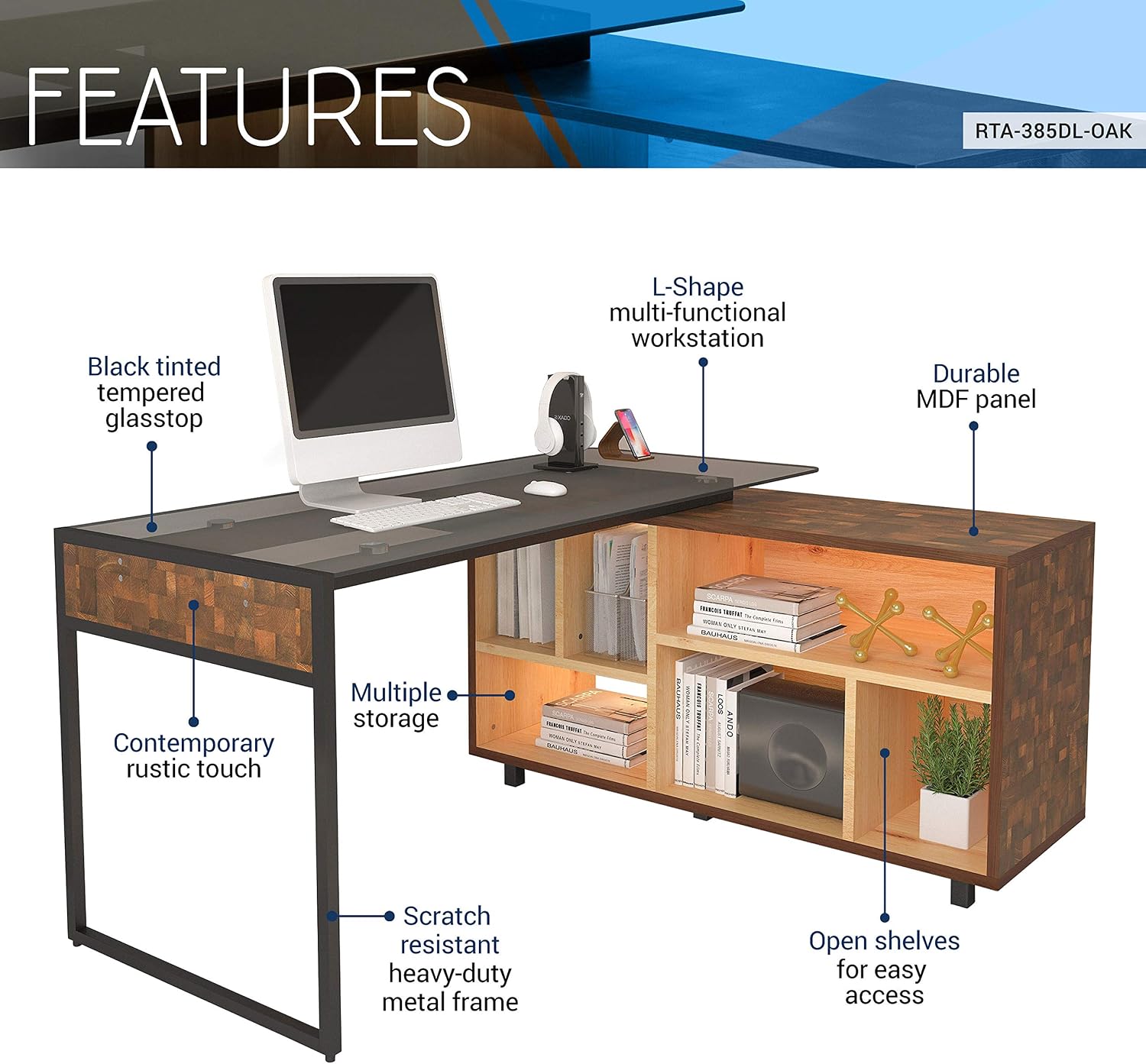 Techni Mobili L-Shape Corner Desk with Multiple Storage, Oak
