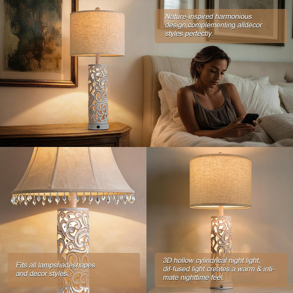 OYEARS 2-in-1 Light Table Lamp Set of 2 for Living Room, 28.5' Farmhouse Bedside Lamps with USB Charging Port, Main&Night Light & Dual Switches, Nightstand Lamp for Bedroom Home Office(Bulb Included)