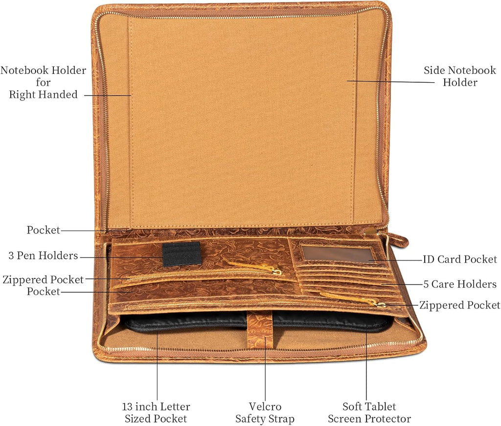 Gexmil Leather Portfolio Organizer for Women Men, Business Padfolio Folder with Zipper, Full Grain Leather,Interview Legal Document File Resume Organizer, A4 Writing Notepad Padfolio, Floral Brown