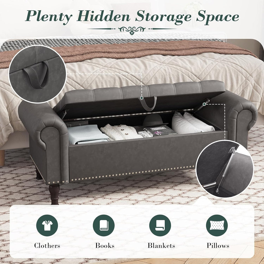 Apicizon 51' Bench with Storage, Upholstered Tufted Button Bedroom Bench with Storage, Faux Leather End of Bed Bench with Rolled Arms, Storage Ottoman Bench for Bedroom, Living Room, Entryway, Gray