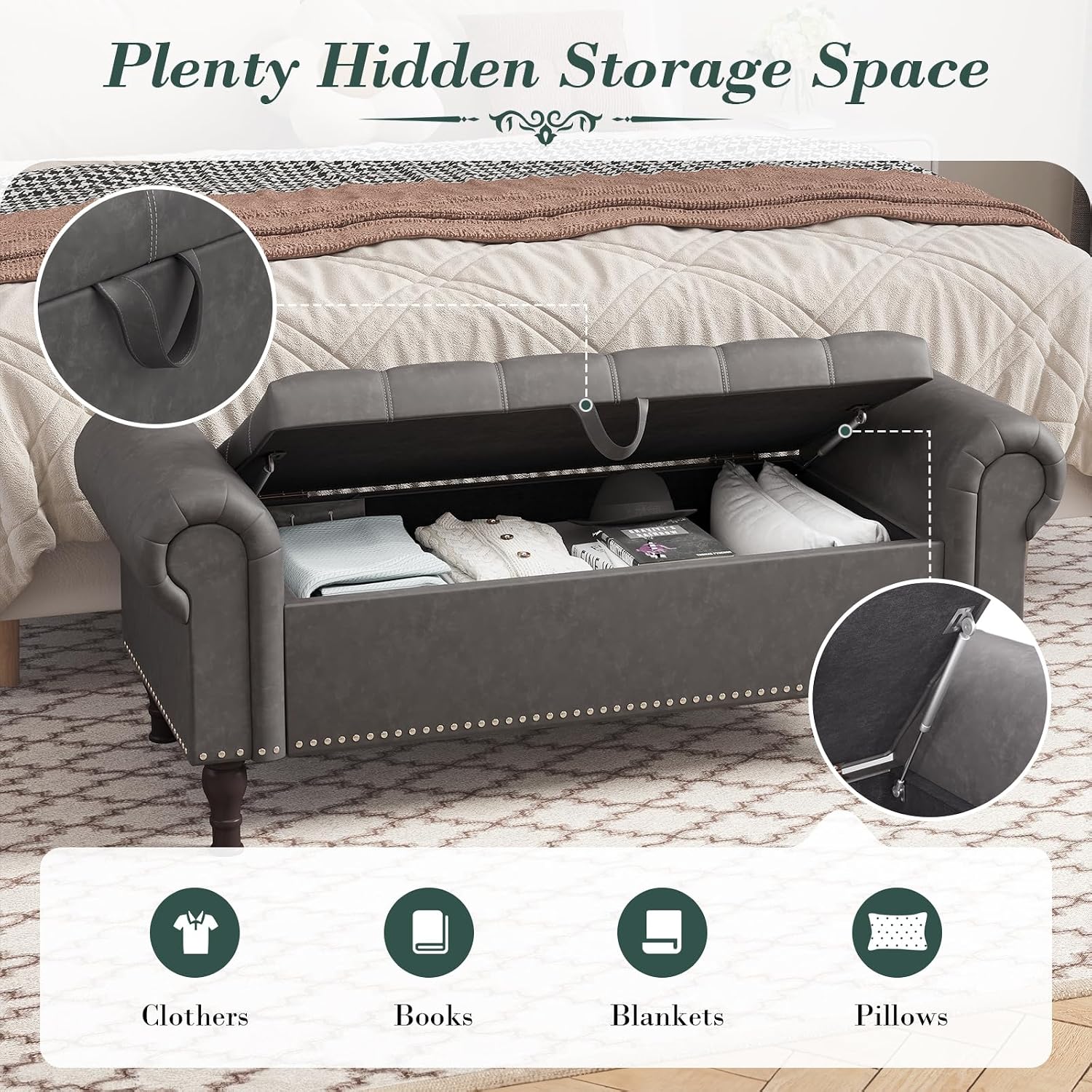 Apicizon 51' Bench with Storage, Upholstered Tufted Button Bedroom Bench with Storage, Faux Leather End of Bed Bench with Rolled Arms, Storage Ottoman Bench for Bedroom, Living Room, Entryway, Gray