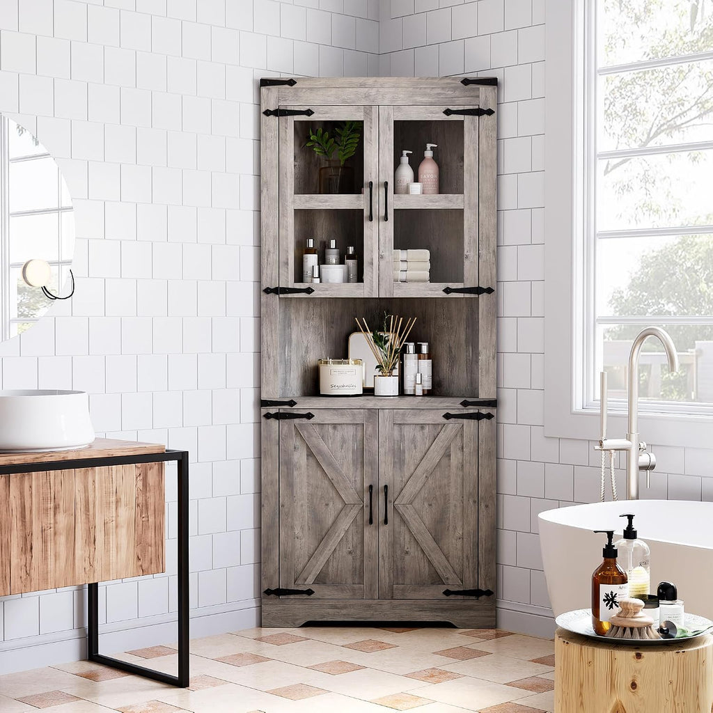 Senfot Tall Corner Storage Cabinet, Bathroom Floor Storage Cabinet with Doors and Adjustable Shelves, Freestanding Tall Cabinet Organizer for Bathroom, Kitchen, Living Room, Washed Grey