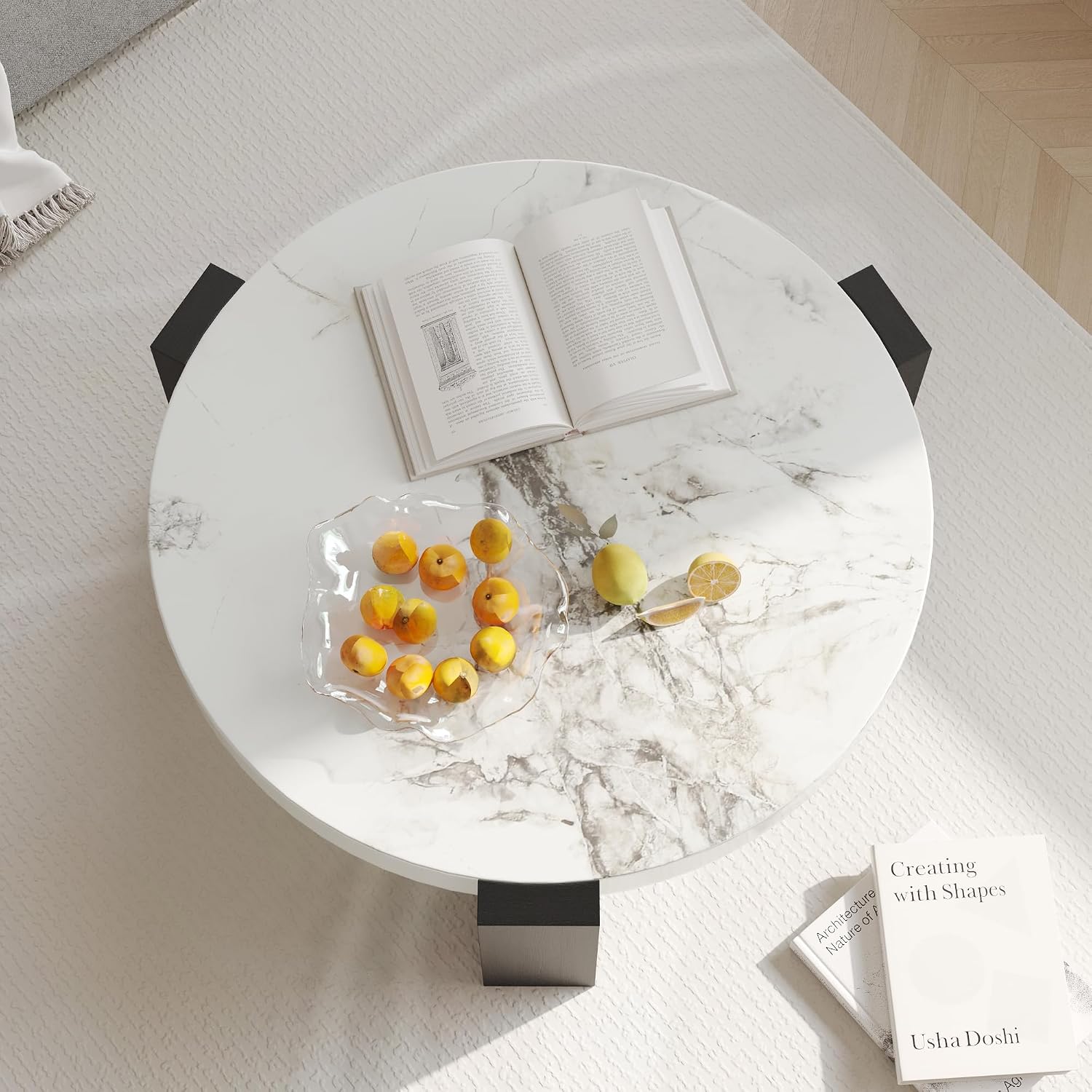 35.43' Modern Round Coffee Table,White Center Coffee Table with Faux Marble Texture Surface& Strong Wood Legs,Round Center Coffee Table for Living Room/Apartment/Farmhouse/Office(Only Table)