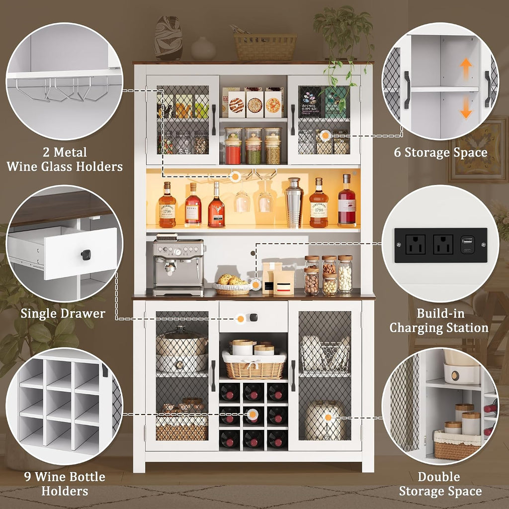 GDFStudio 70.9' Kitchen Pantry Storage Cabinet with LED,Outlets & USB,Rustic Farmhouse Buffet Hutch Cabinet with Countertop,Wine Rack,Glass Holder,Adjustable Shelves,Food Pantry Storage Cabinet,White