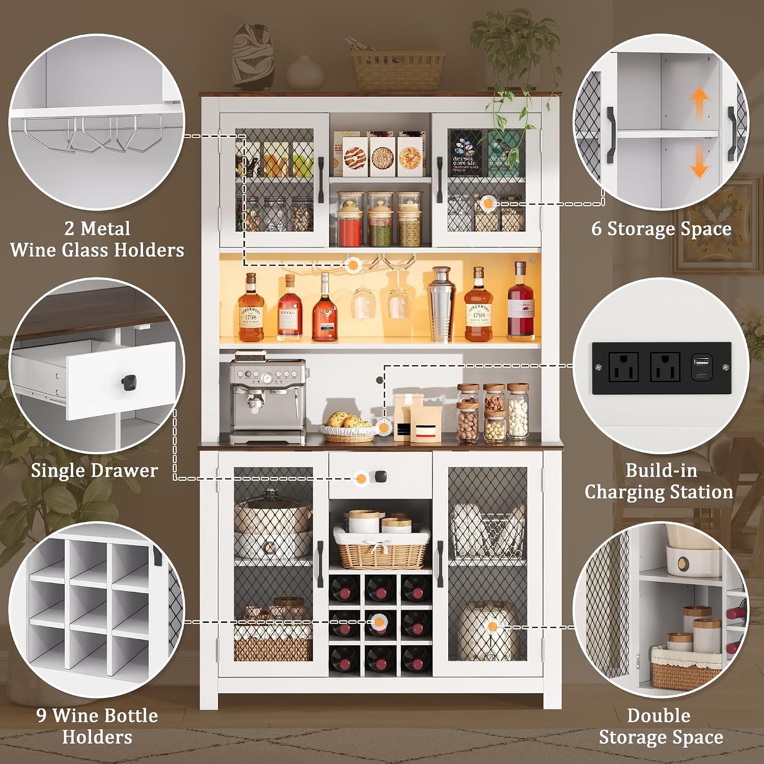 GDFStudio 70.9' Kitchen Pantry Storage Cabinet with LED,Outlets & USB,Rustic Farmhouse Buffet Hutch Cabinet with Countertop,Wine Rack,Glass Holder,Adjustable Shelves,Food Pantry Storage Cabinet,White