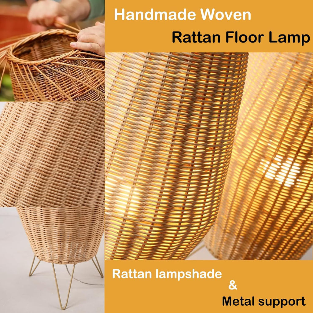 Boho Floor Lamp,Retro Standing Lamps with Rattan Lamp Shade | Farmhouse Standing Light with Foot Switch,Hand-Woven Bamboo Floor Lamps for Bedroom Living Room Kids Room Home Decor