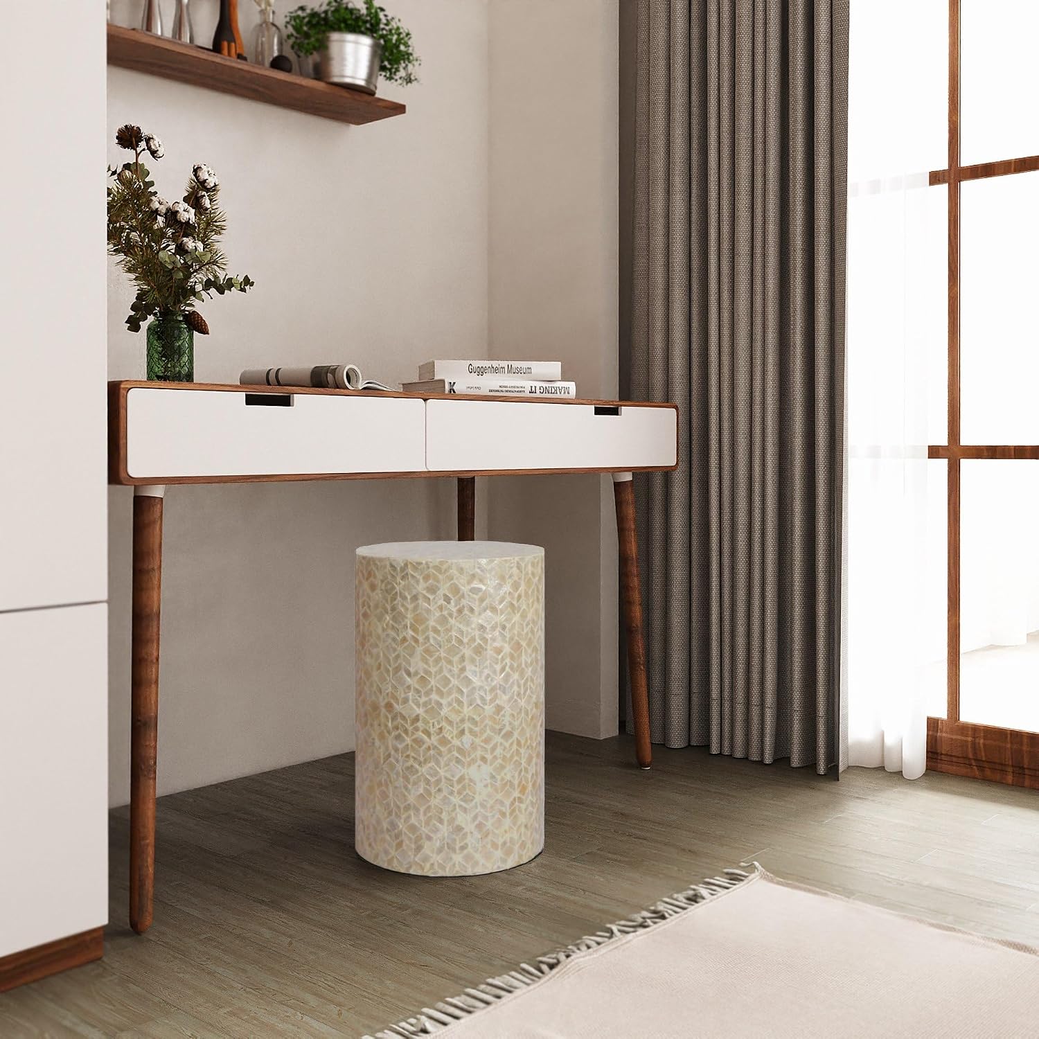 PEMAR Capiz Shell Cylinder Drum End Table Nacre Side Table Stool Round Drum Accent Coffee Bedside Nightstand and Vanity Stool, 13' Diameter x 19.3' High, White Cream