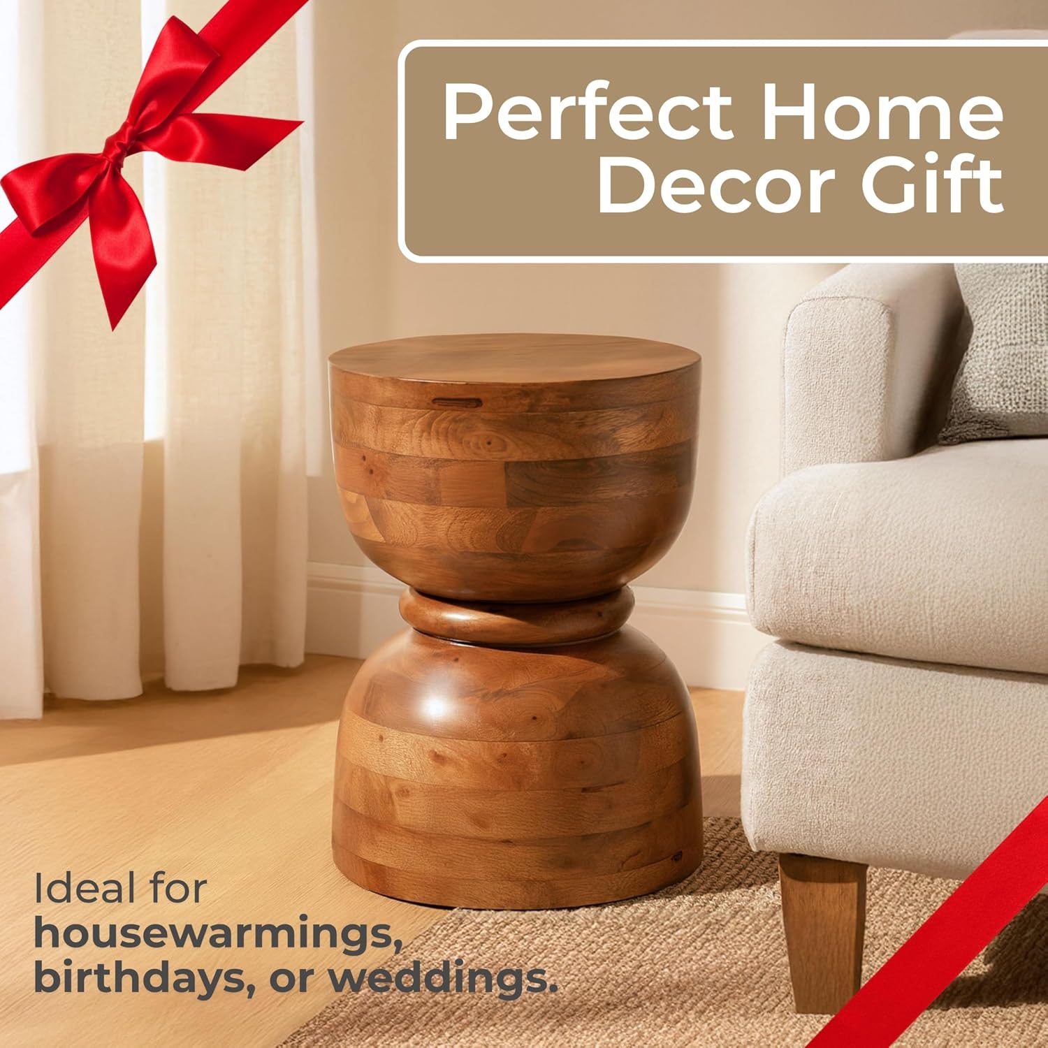 Brown Mango Wood Accent Table with Natural Wood Grain Finish – Unique Hourglass Round Side Table for Living Room, Bedroom, Office, & Home Decor – 13 x 18 Inches