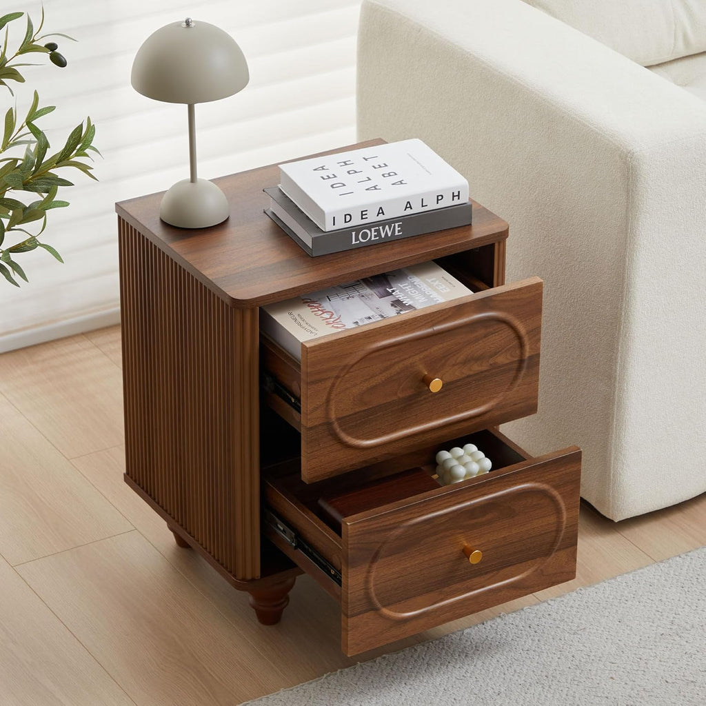 2 Drawer Fluted Nightstand Set of 2, Mid Century Modern Farmhouse Night Stand Small End Table Bedside Table for Bedroom, Living Room, Walnut