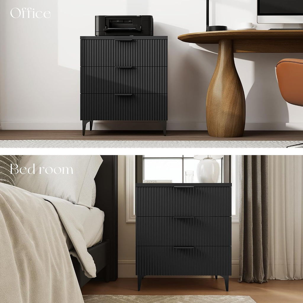 25.6' W Black Fluted Nightstand with 3 Drawer, Modern Wood Night Stands Bedside Table for Bedroom King/Queen Bed, End Table with Robot-Friendly Legs for Living Room,Entry