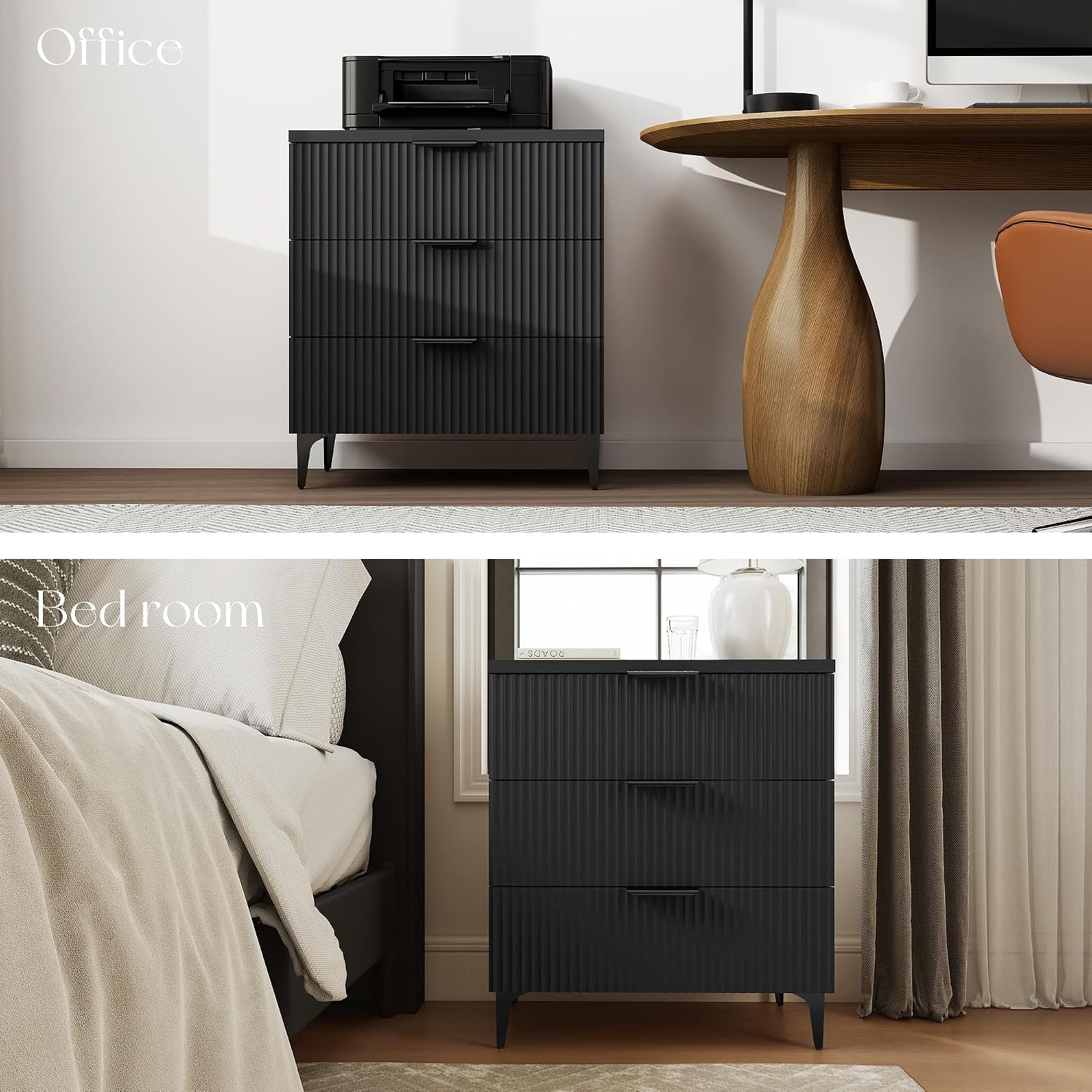 25.6' W Black Fluted Nightstand with 3 Drawer, Modern Wood Night Stands Bedside Table for Bedroom King/Queen Bed, End Table with Robot-Friendly Legs for Living Room,Entry
