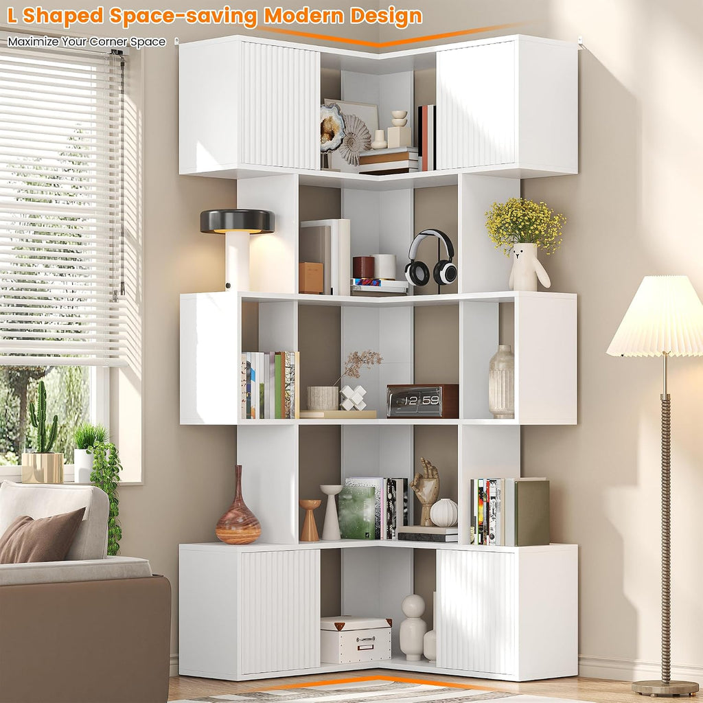71 inch Corner Bookshelf, 5 Tier Storage Bookcase, L-Shaped Cube Bookshelf, Wood Modern Book Shelf Organizer for Living Room/Home Office/Bedroom Display Unit, White