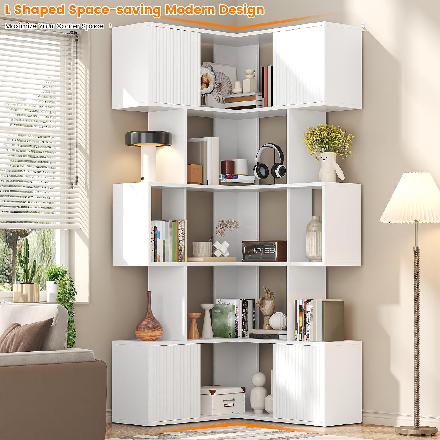 71 inch Corner Bookshelf, 5 Tier Storage Bookcase, L-Shaped Cube Bookshelf, Wood Modern Book Shelf Organizer for Living Room/Home Office/Bedroom Display Unit, White