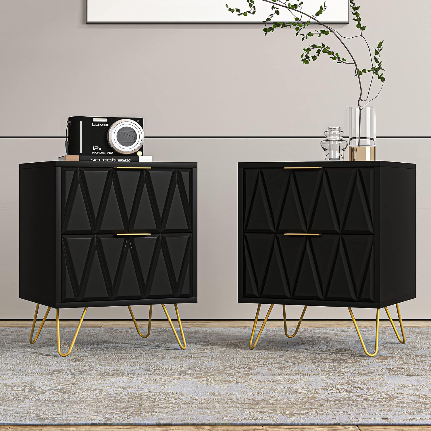 Spaco Black Nightstand Set of 2, Modern Bedside Tables Set of 2 with 2 Drawers for Bedroom, Night Stand with Gold Legs,End Side Tables for Living Room
