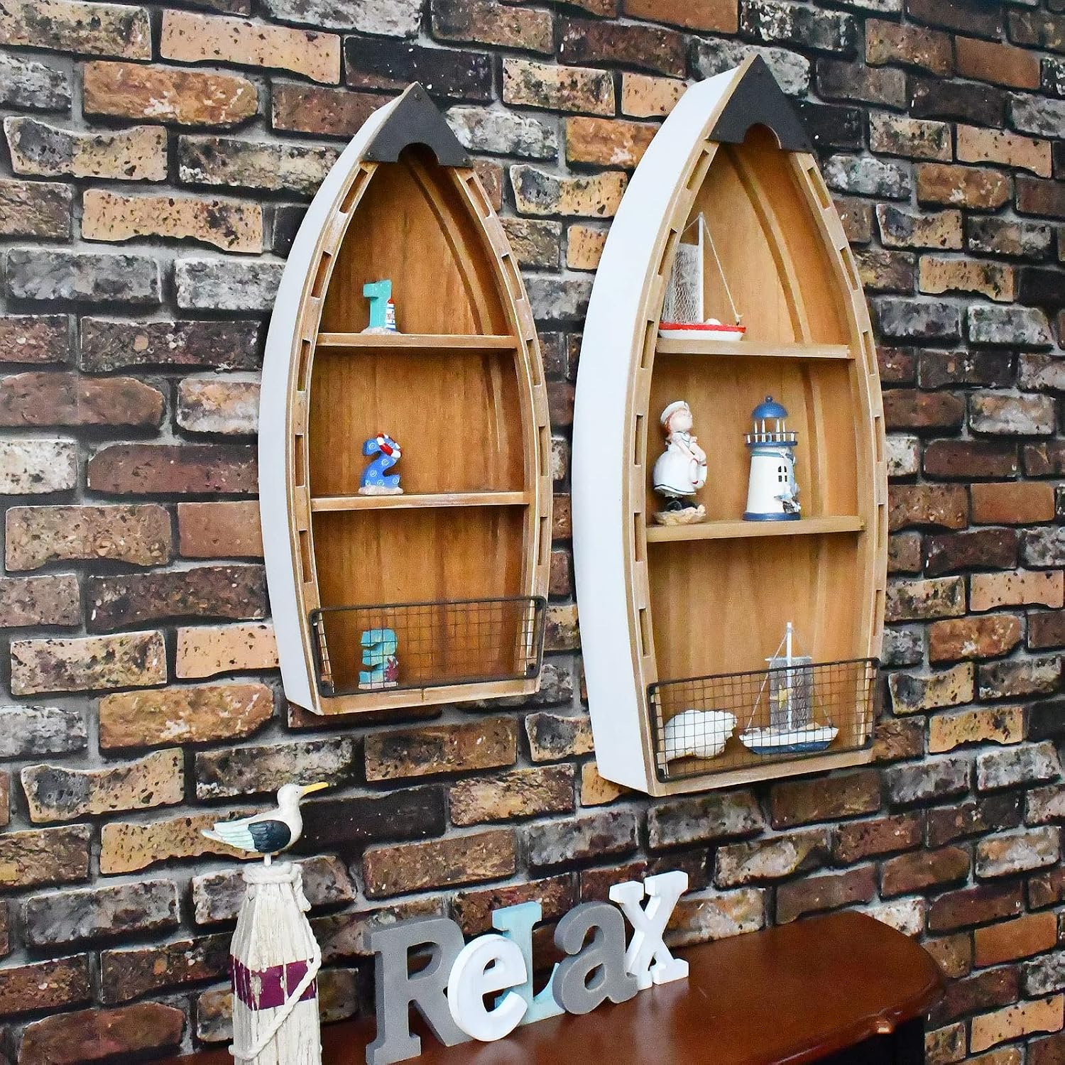 2 Set Wood Boat Shelf Standing Decor, Nautical Wall Hanging Canoe for Beach Theme Bathroom Living Room Baby Nursery Floor Tabletop Coastal Farmhouse Lake House Decor