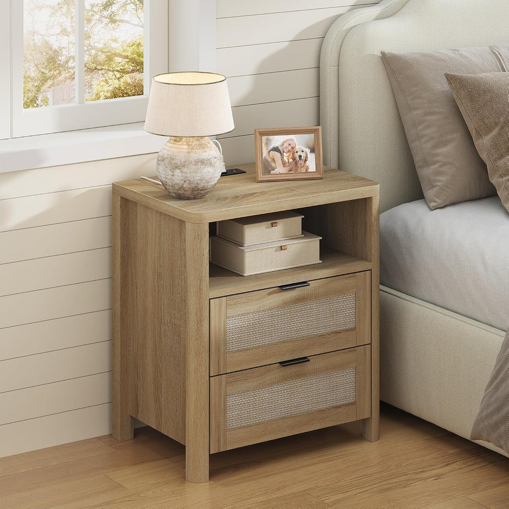 MECHYIN Rattan Nightstand with Charging Station, 23.6' Large Bedside Side Table with Drawer, Wood End Table with Storage, Mid-Century Modern Furniture Side Table for Bedroom, Living Room
