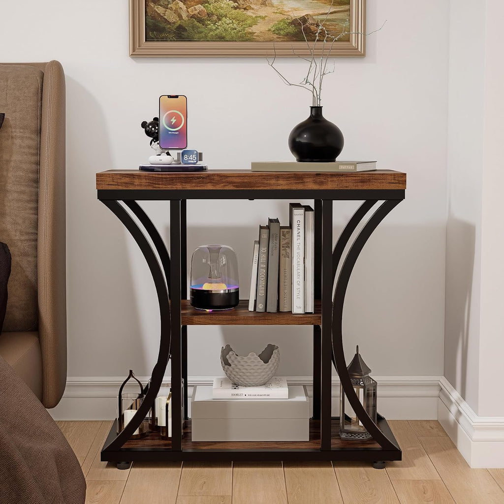 3-Tier End Table, Rustic Nightstand with Storage Shelves, Narrow Side Table for Living Room, Bedroom, Small Spaces – Wood and Metal Accent Table(Set of 2) (2, Rustic Brown)