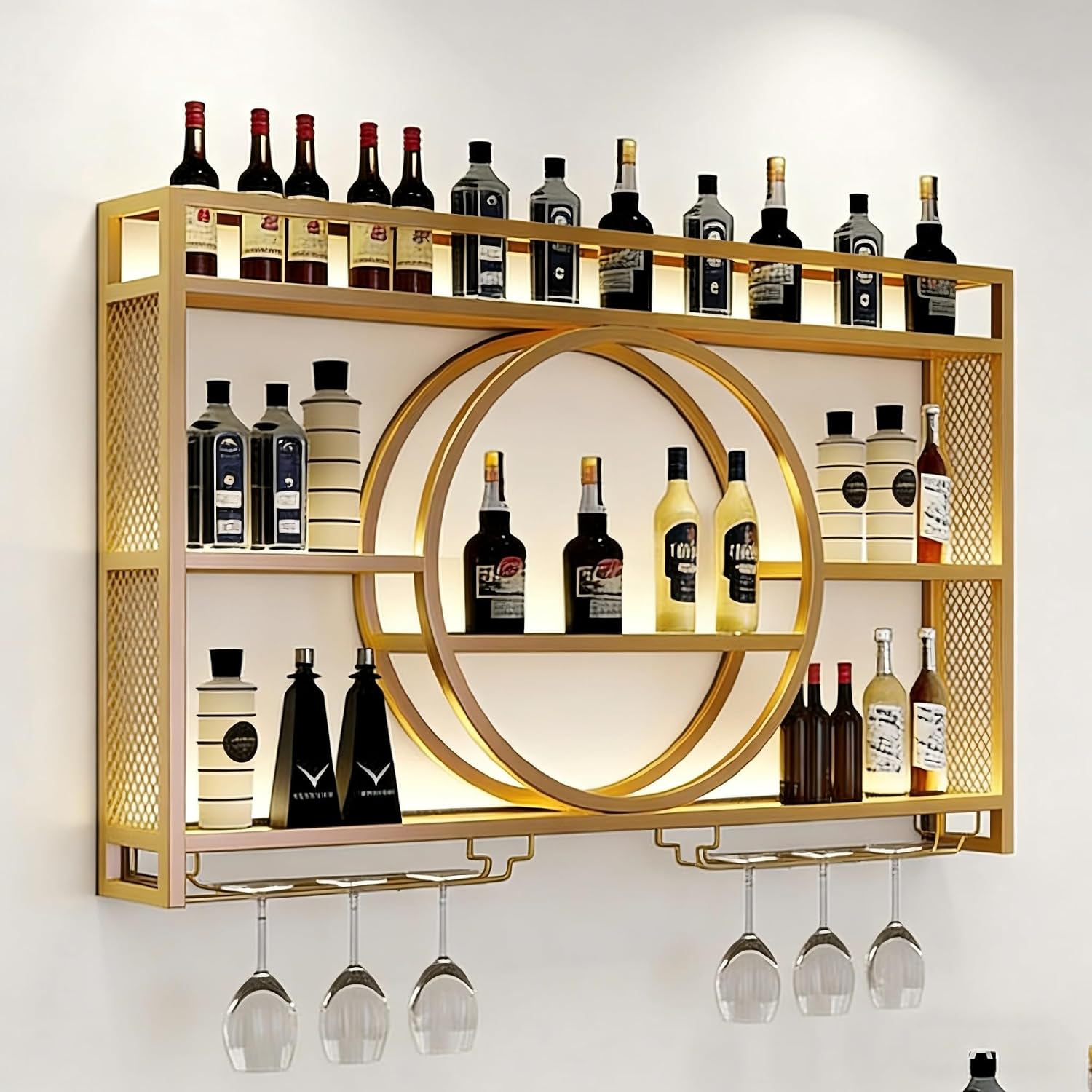 Wall Mounted Wine Rack with LED Light, 39.4' Bar Shelves and Glass Holder, Industrial Metal Bar Shelf Wall Mounted Wine Rack for Kitchen, Bar, Dining Room (Gold, 100cm/39.4in)