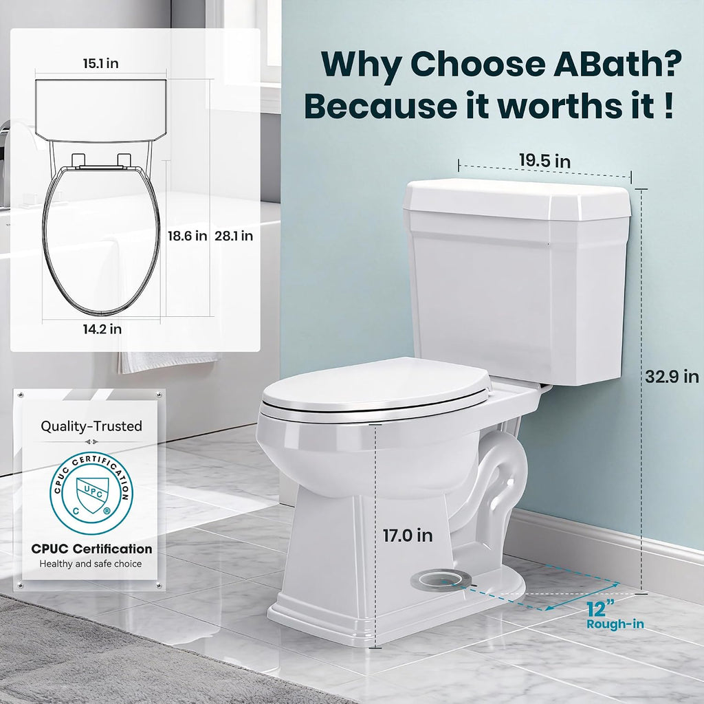 Two Piece Toilets for Bathrooms, Elongated Toilet with 17' Chair Height Soft Close Seat, 1.27 GPF Power Flush, Nano Self-Cleaning Glaze, WaterSense/1000g Map Certified, White ADA toilet 12' Rough In