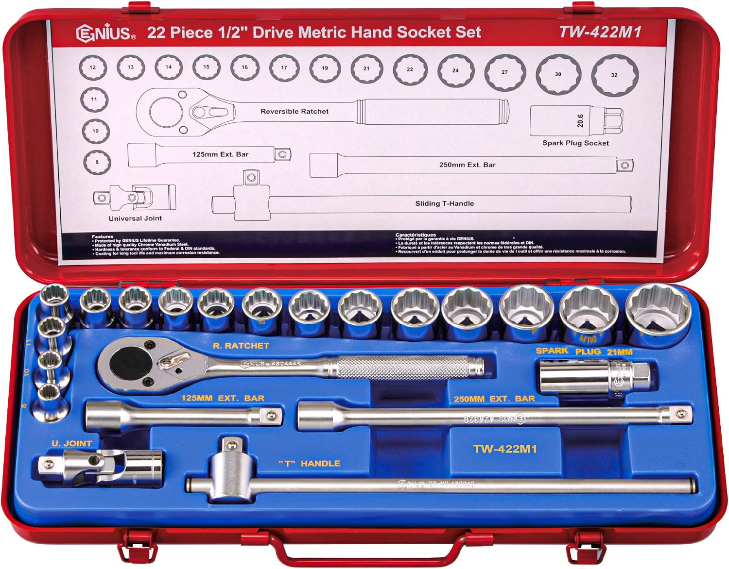 Genius Tools 22PC 1/2' Dr. Metric Hand Socket Set (12-Point) - TW-422M1