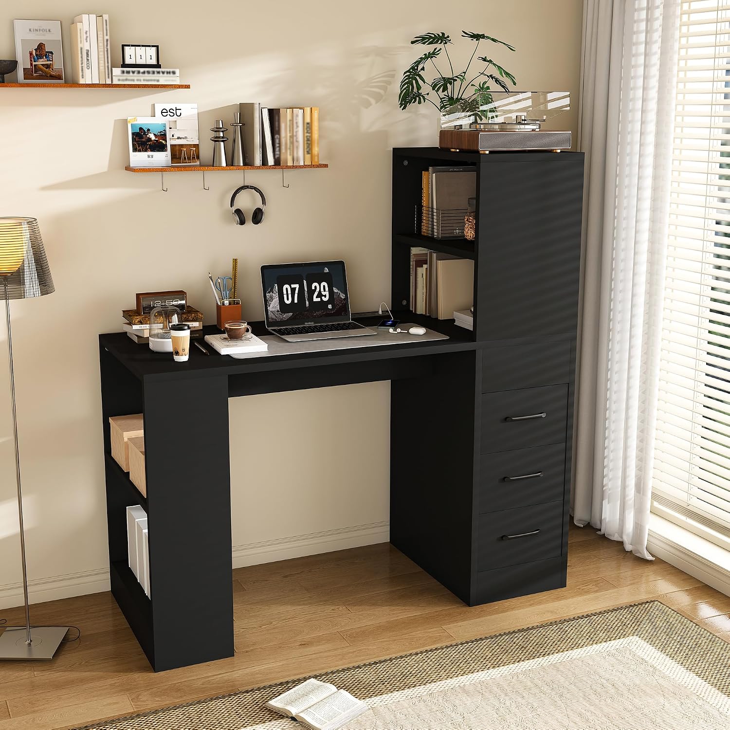 KEIKI L Shaped Computer Desk with 4-in-1 Charging Station, Office Desk with 3 Slide Drawers and 4-Tier Storage Shelves, Modern Wooden Corner Writing Desk for Home Office, Study, Bedroom, Black