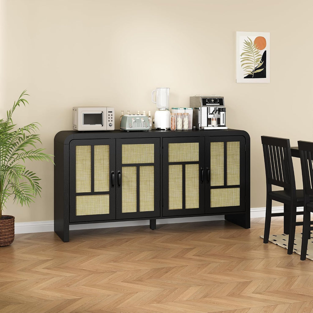 RoyalCraft Buffet Cabinet with Storage Sideboard Accent Farmhouse Credenza with 4 Doors & Shelves Rattan 59' Media Console Boho Coffee Bar Table for Living Room Kitchen Dining Room Hallway