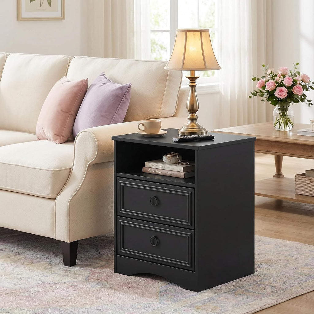 Large Nightstand Set of 2 with Drawers,17.7'W Accent Night Stand with Charger Station LED Lights, Bed Side Table with 2 Drawers, End Table with Easy Open Storage for Bedroom, Living Room,Black
