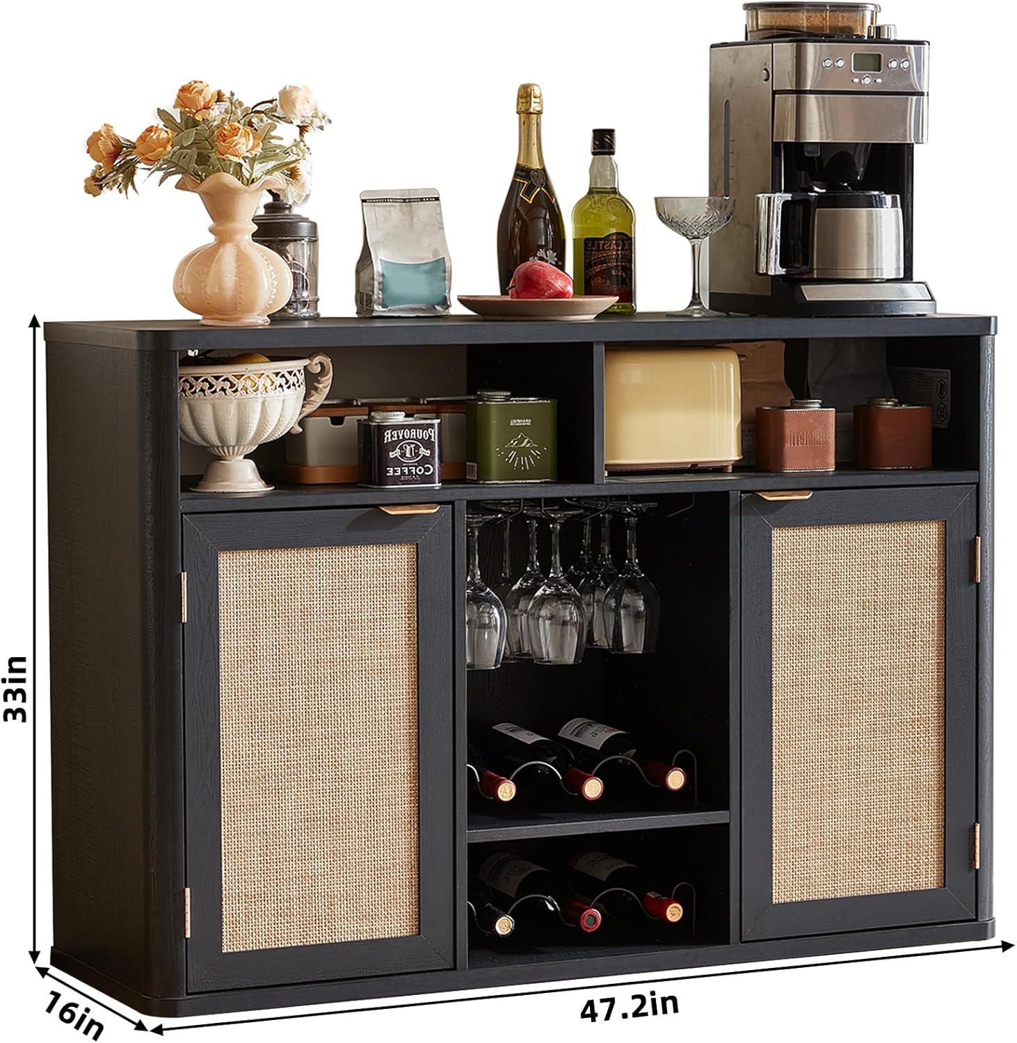 Lerliuo Rattan Wine Cabinet with 2 Doors, Boho Liquor Cabinet with Wine Racks, Farmhouse Coffee Bar Station for Living Room, Dining Room, Kitchen, Black