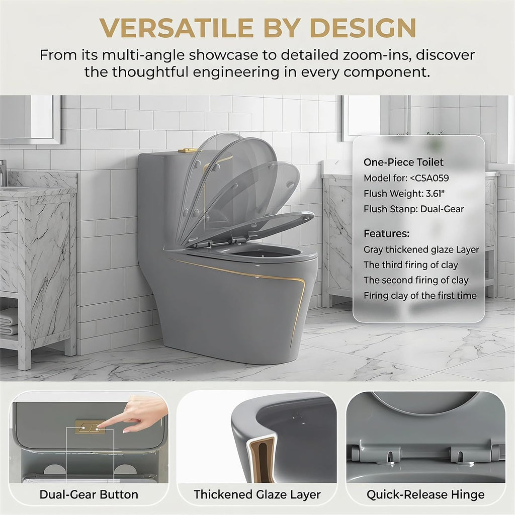 Elongated One Piece Toilet, Water Sense Dual Flush 1.85 Gallons Per Flush Compact Comfort Height, 12' Rough-In Small Bathroom Toilet, Grey (Seat Included)