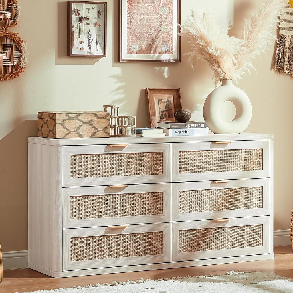 LEYAOYAO Rattan 6 Drawer Dresser for Bedroom Set of 2, Boho 54' Wide White Dresser Chest of Drawers, Dressers TV Stand with Metal Handle, Storage Dressers Closet Organizer for Living Room, Hallway
