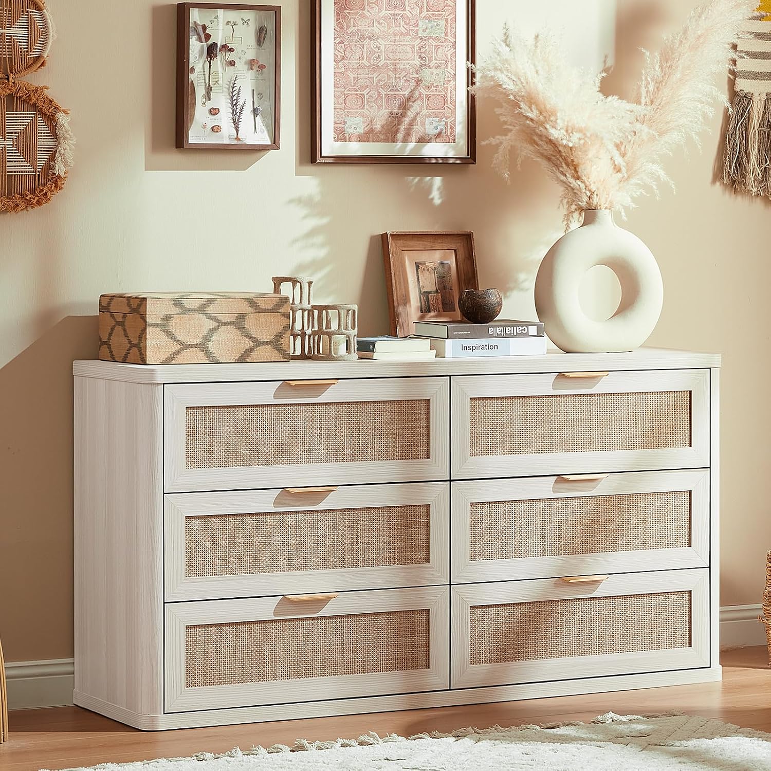 LEYAOYAO Rattan 6 Drawer Dresser for Bedroom Set of 2, Boho 54' Wide White Dresser Chest of Drawers, Dressers TV Stand with Metal Handle, Storage Dressers Closet Organizer for Living Room, Hallway
