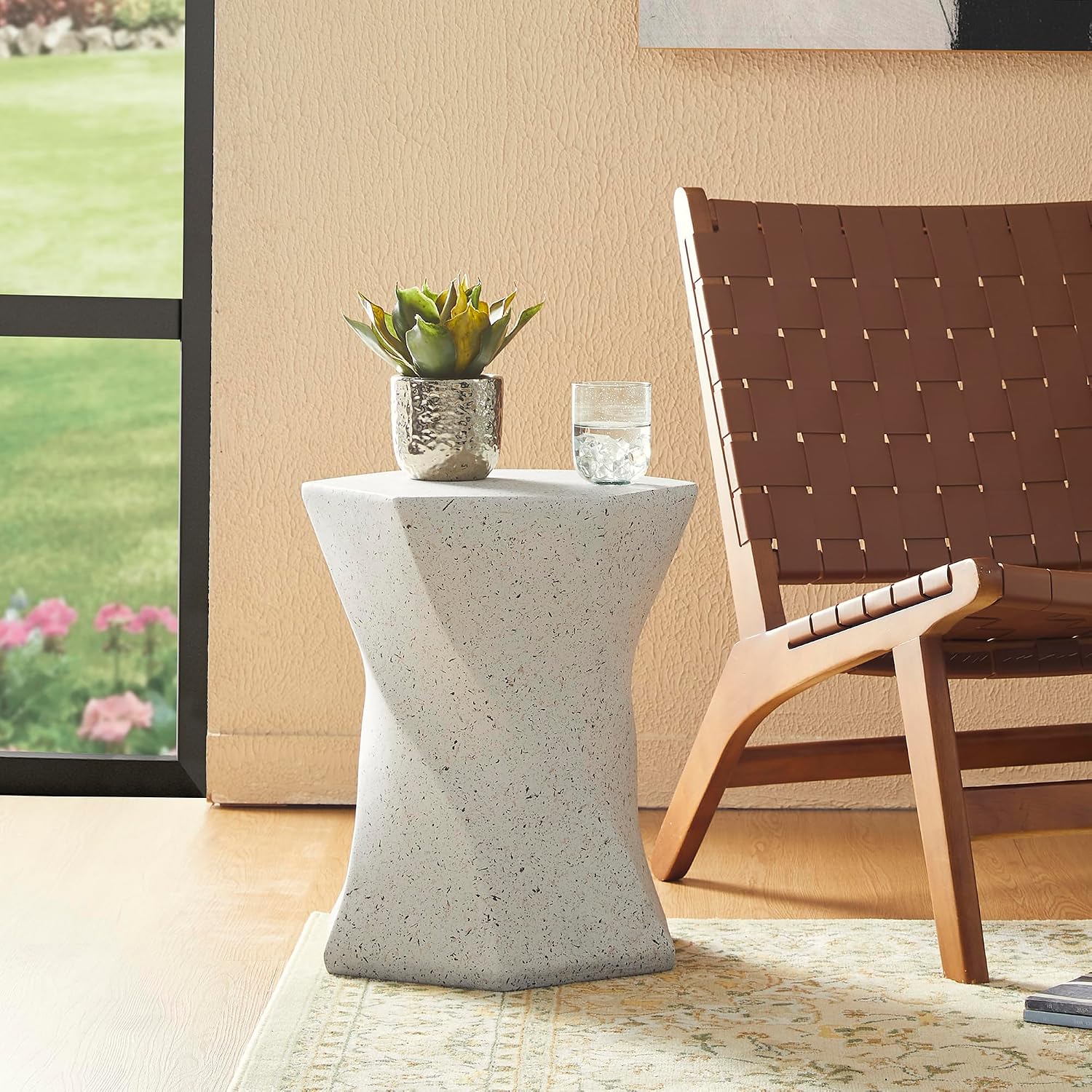 Glitzhome Outdoor Side Table Set of 2, 17.75' H Decorative Garden Stool MGO Twist Faux Terrazzo End Table, Round Planter Stand for Indoor Outdoor Living Room Bedroom Patio Deck Poolside, White