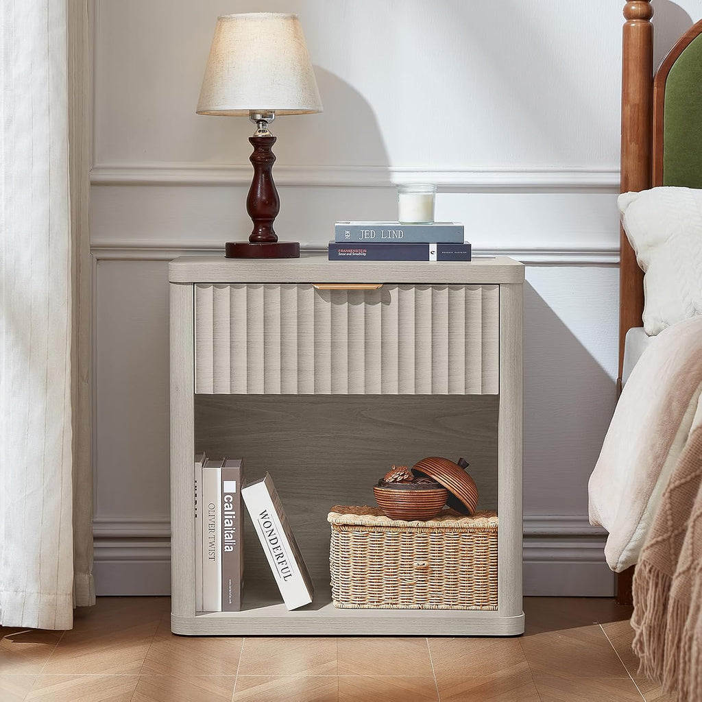 LEYAOYAO Fluted Farmhouse Nightstand Set of 2 with Charging Station, 23' Wide 1 Drawers Night Stand,LightGrey Dresser for Bedroom,Bed Side Table Chest of Drawers,Wood End Table for Living Room