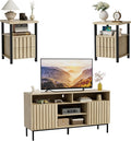 UEV Mid Century Modern 3-Piece Living Room Set,TV Stand Cabinet and 2 End Tables Set,Nightstand Set of 2, Wood Fluted TV Stand Sofa Side Table with 2 Drawers and Open Shelf for Living Room,Ivory White
