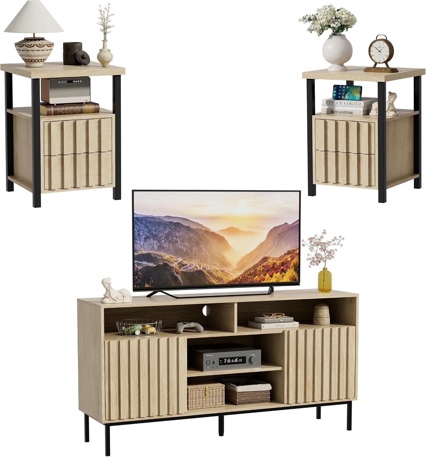 UEV Mid Century Modern 3-Piece Living Room Set,TV Stand Cabinet and 2 End Tables Set,Nightstand Set of 2, Wood Fluted TV Stand Sofa Side Table with 2 Drawers and Open Shelf for Living Room,Ivory White