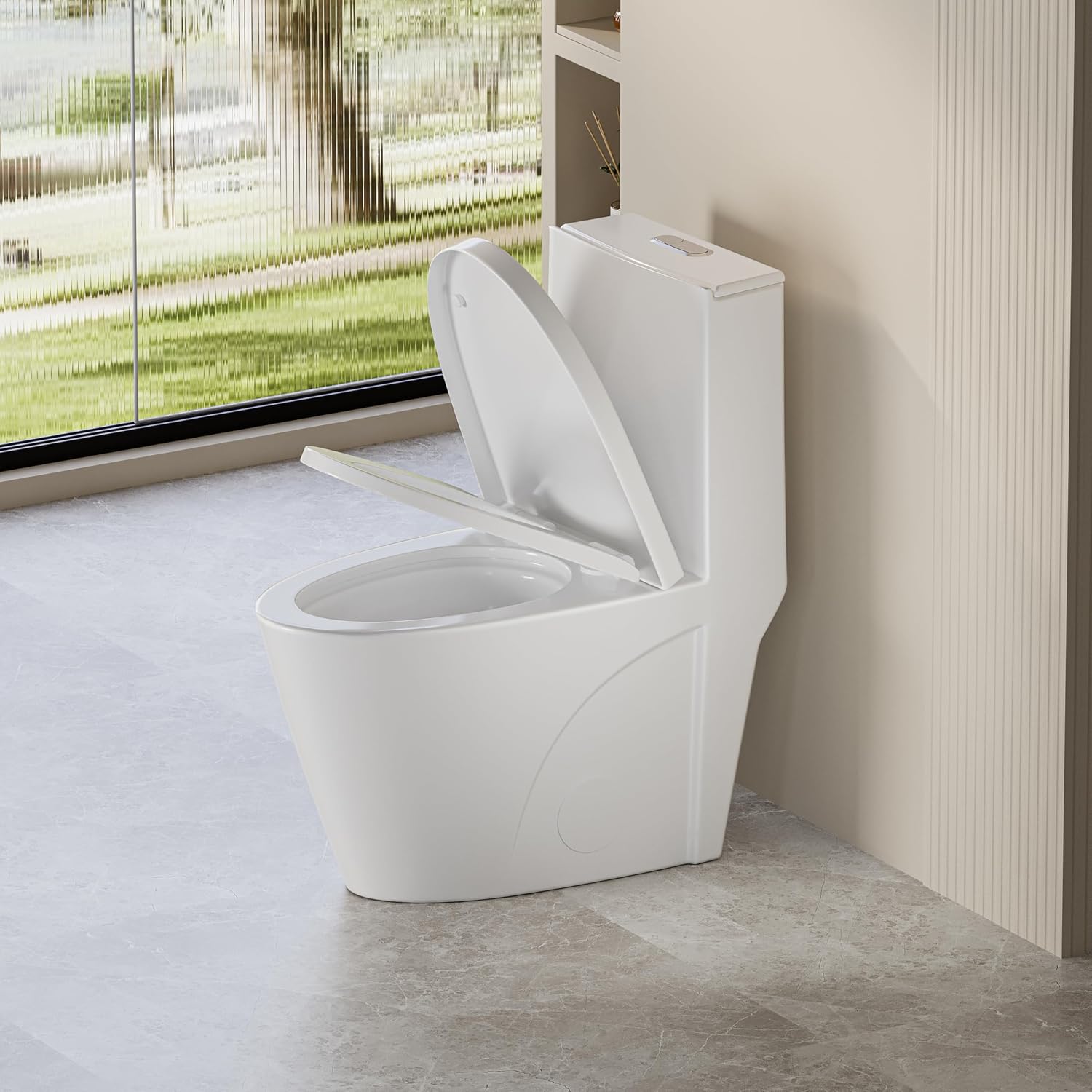 Abruzzo One Piece Toilet For Bathroom, Elongated Dual Flush Toilet with Soft Closing Seat, 0.8/1.28 GPF High-Efficiency, Modern American Standard Modern Toilet for Bathroom, 12' Rough-In, Gloss White