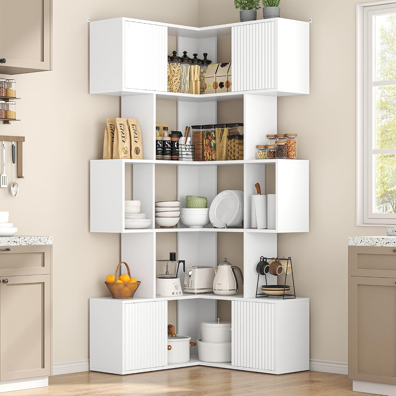 71 inch Corner Bookshelf, 5 Tier Storage Bookcase, L-Shaped Cube Bookshelf, Wood Modern Book Shelf Organizer for Living Room/Home Office/Bedroom Display Unit, White