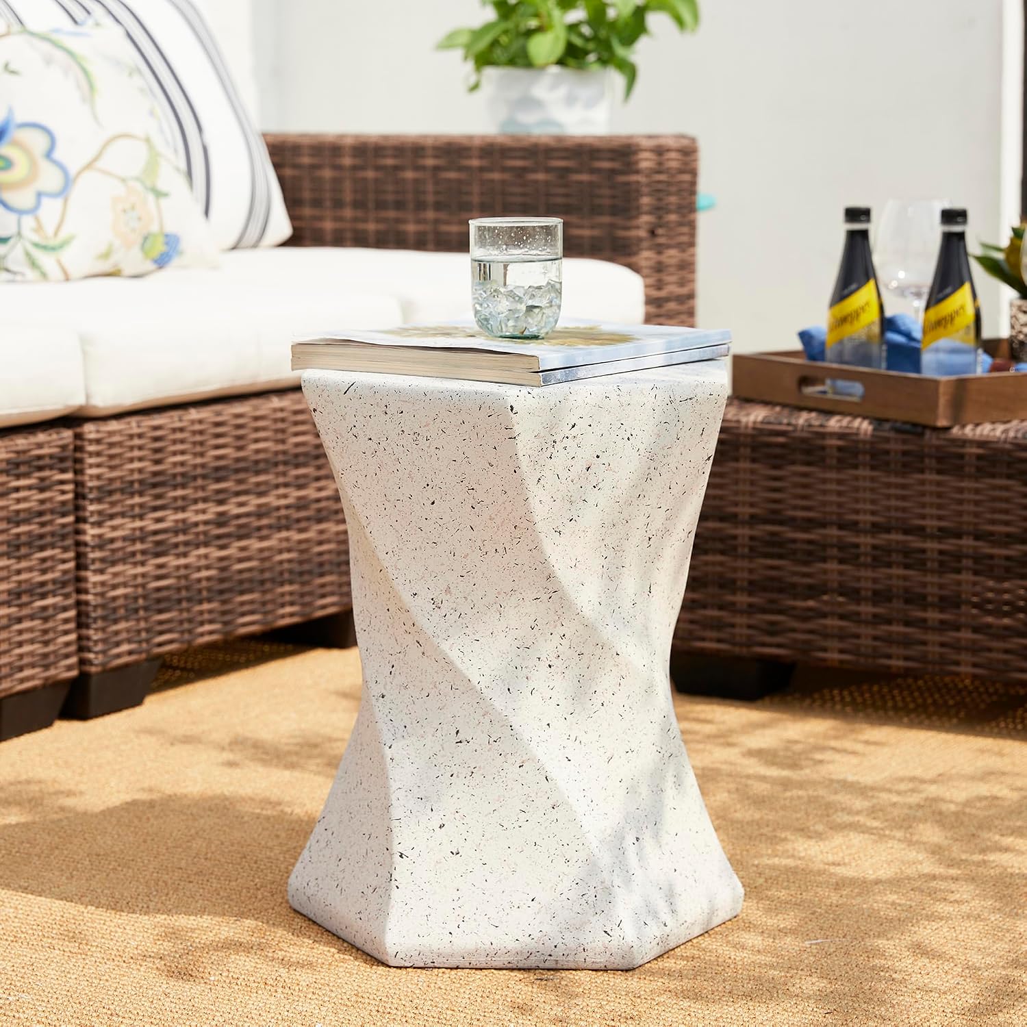 Glitzhome Outdoor Side Table Set of 2, 17.75' H Decorative Garden Stool MGO Twist Faux Terrazzo End Table, Round Planter Stand for Indoor Outdoor Living Room Bedroom Patio Deck Poolside, White