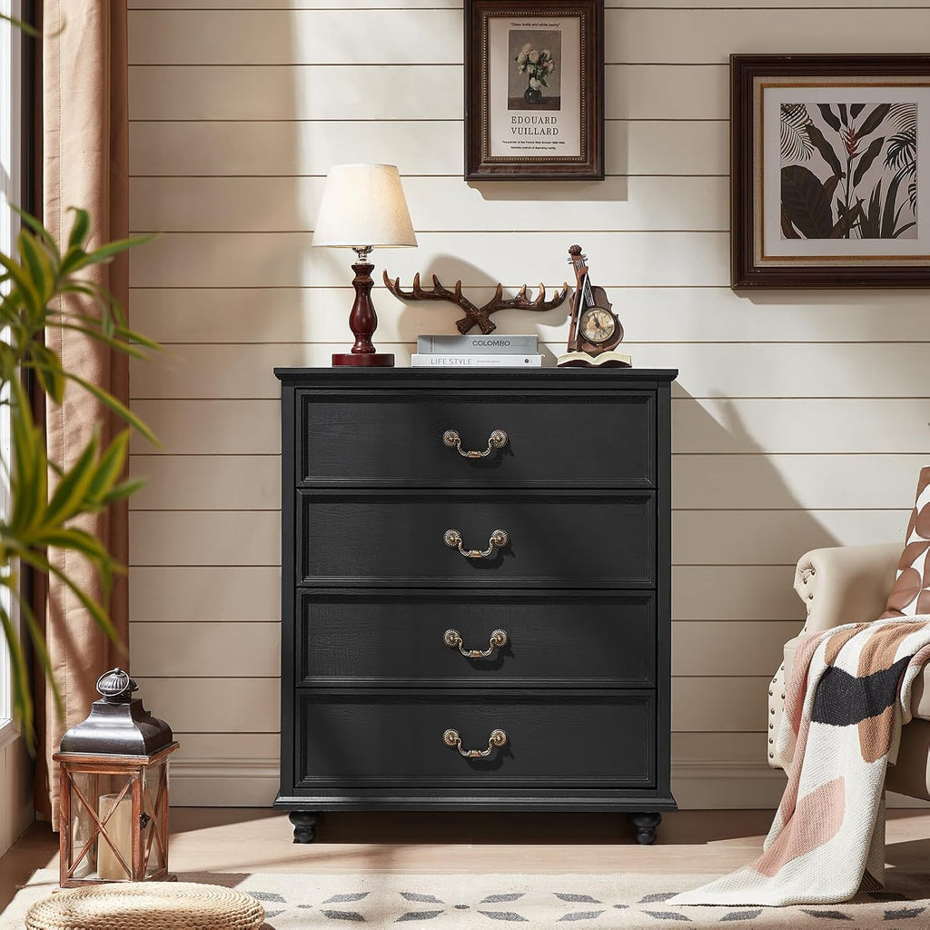 Joaxswe Farmhouse 4 Drawer Dresser for Bedroom, 37' Tall Rustic Chests of Drawers w/ 4 Solid Wood Feet, Mid Century Modern Wooden Closet Storage Dressers Organizer for Living Room, Hallway, Black