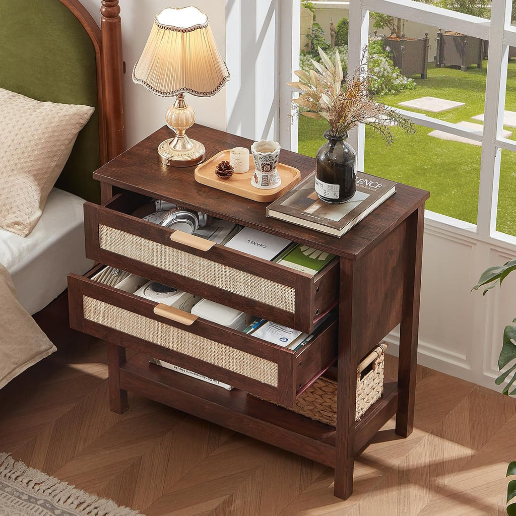 LEYAOYAO 31.5' Wide Rattan Night Stand, Large Boho Nightstand, Bedside Table with Storage, Tall Bed Side End Tables, Chest of Drawers for Bedroom, Living Room, Hallway（Walnut,2 Drawers,2）