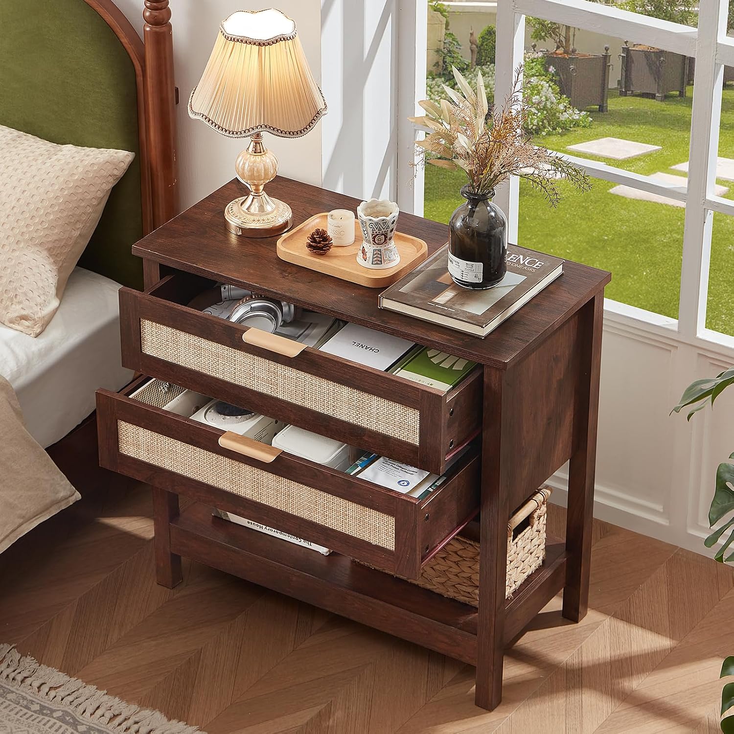 LEYAOYAO 31.5' Wide Rattan Night Stand, Large Boho Nightstand, Bedside Table with Storage, Tall Bed Side End Tables, Chest of Drawers for Bedroom, Living Room, Hallway（Walnut,2 Drawers,2）