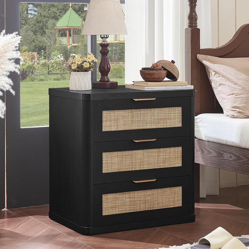 LEYAOYAO Rattan Night Stand Set of 2 with Drawers, 23' Large 3 Drawer Boho Nightstand, Natural Wood Bedside Table Storage Cabinet, Bed Side End Tables Dresser for Bedroom, Living Room, Hallway, Closet