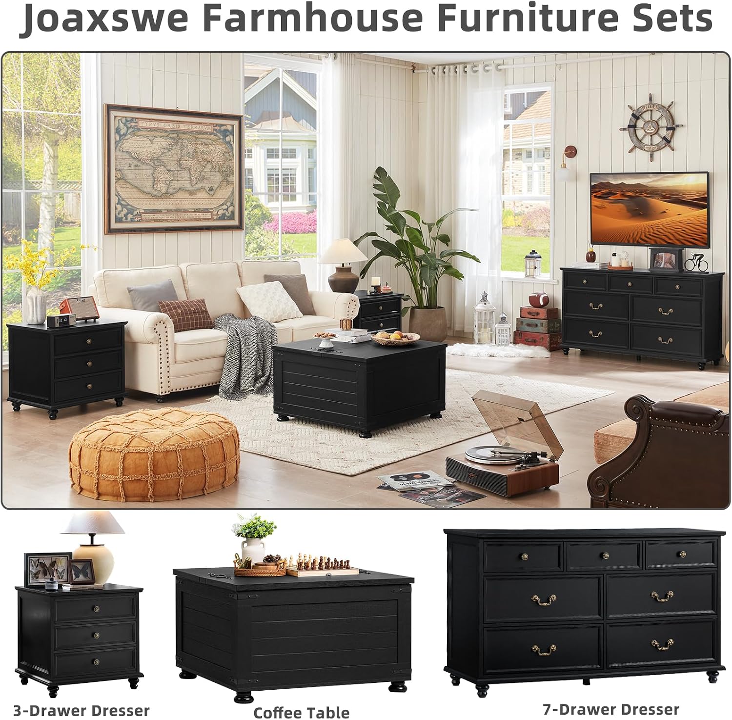 Joaxswe 24' Wide Farmhouse Night Stand Set of 2,Large End Table with 3 Drawers & Metal Handle,Wood Dresser for Bedroom Cabinet, Bed Side Table Chest of Drawers,Nightstand for Living Room,Closet,Black