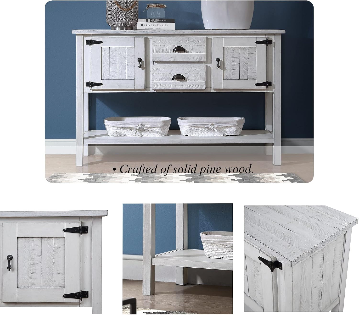48' Console Table with 2 Drawers and Cabinets,Retro Style Storage Sideboard W/Bottom Shelf,for Entryway,Hallway,Living Room,Easy Assembly,Antique White