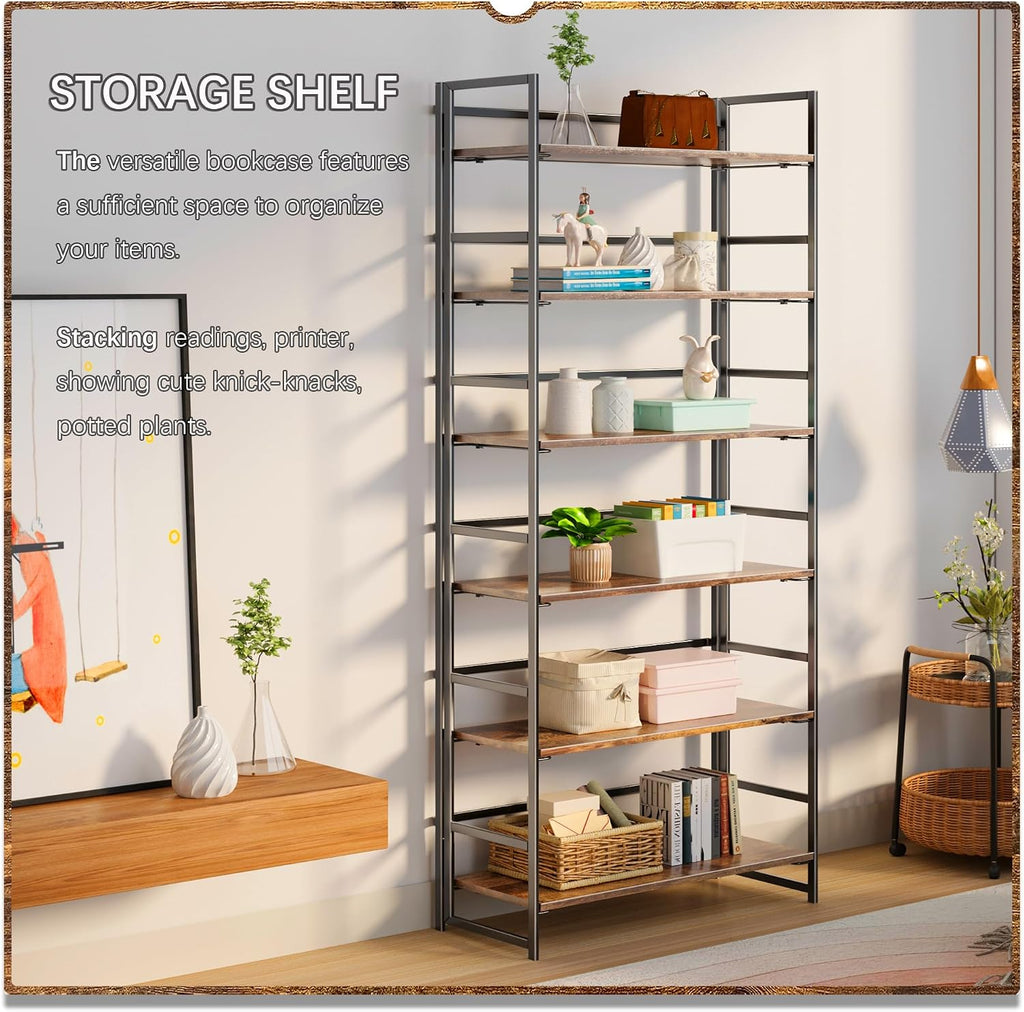 4NM No Assembly 6 Tier Collapsible Book Shelves, 61.8' H x 23.6' W Folding Bookshelf Bookcase Open Industrial Foldable Shelf for Bedroom, Living Room, Home Office - Rustic Brown Black