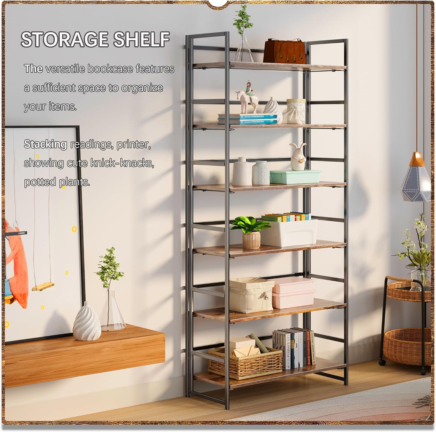 4NM No Assembly 6 Tier Collapsible Book Shelves, 61.8' H x 23.6' W Folding Bookshelf Bookcase Open Industrial Foldable Shelf for Bedroom, Living Room, Home Office - Rustic Brown Black