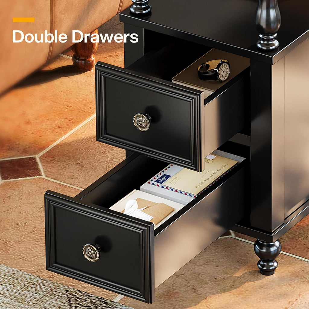 Tribesigns Wood End Table with 2 Drawers, Mid-Century Wooden Slim Side Table Nightstands with Storage Shelf, Accent Table for Living Room, Easy to Assemble (Black)