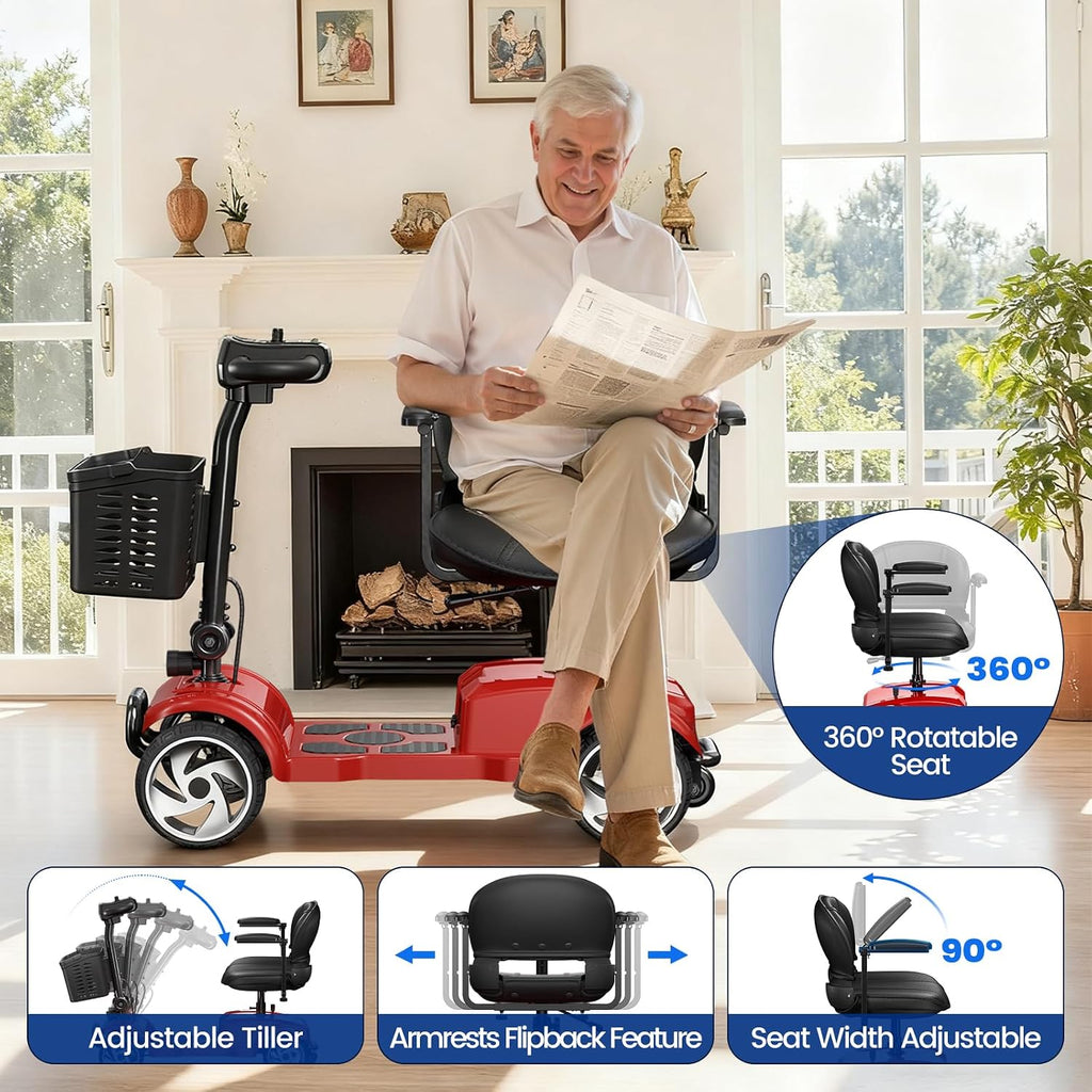 4 Wheel Electric Mobility Scooter for Adults and Seniors, 20 Miles Range Foldable Electric Scooter, Compact Heavy Duty Mobile for Cruise Travel with 300 lb Capacity, Powered Electric Wheelchair, Red