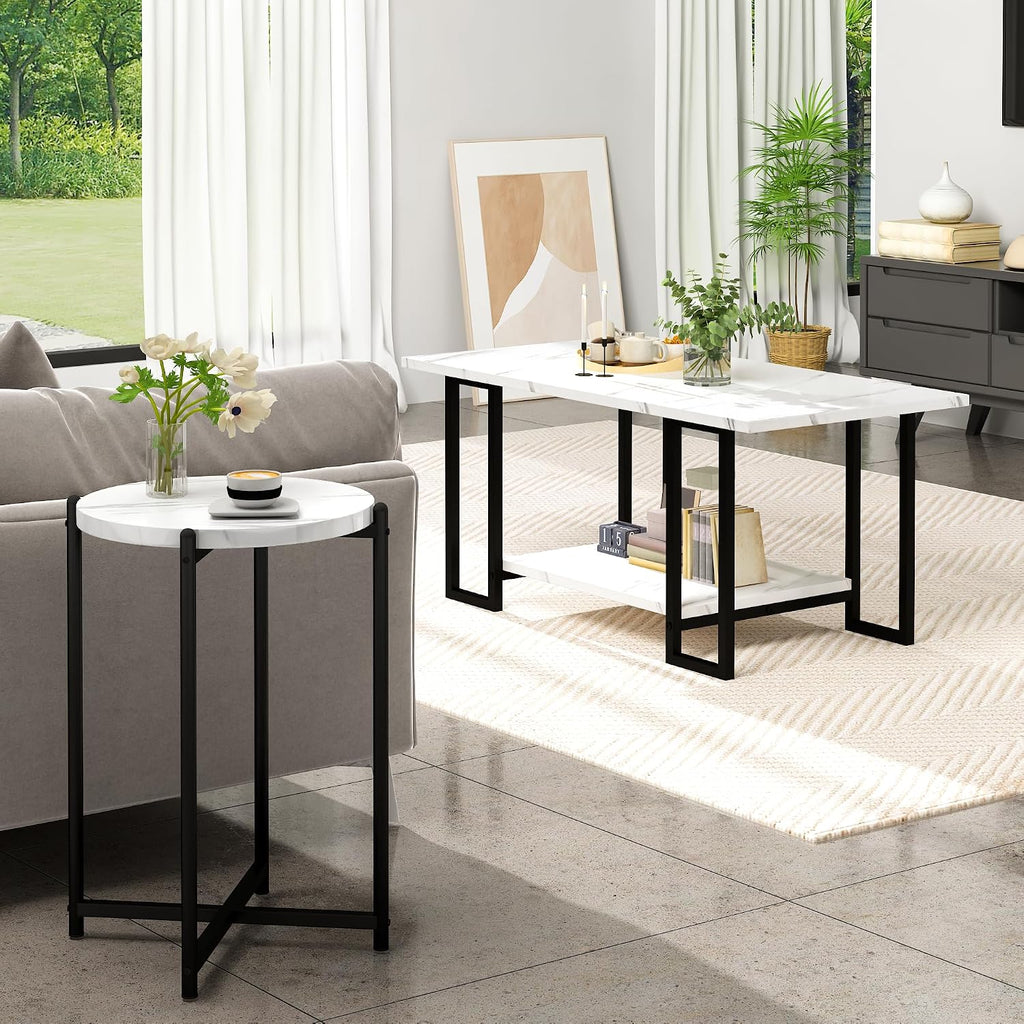 Hooseng Coffee Table Set of 3 Coffee Table and end Table Sets, Modern Living Room Table Set with Metal Frame for Apartment Home Office White Black